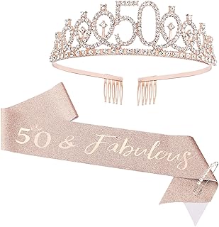 CIEHER 50th Birthday Crown & Sash Pearl Pin, 50th Birthday Decorations | 50 & Fabulous Sash 50th Birthday Crown for 50th Birthday Gifts for Women Friends