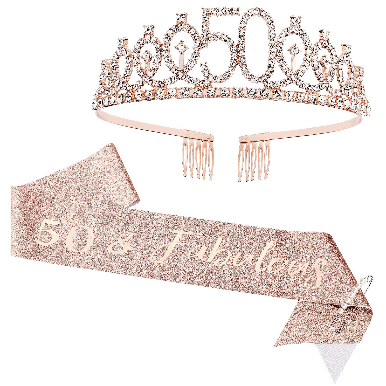 CIEHER 50th Birthday Crown & Sash Pearl Pin, 50th Birthday Decorations | 50 & Fa
