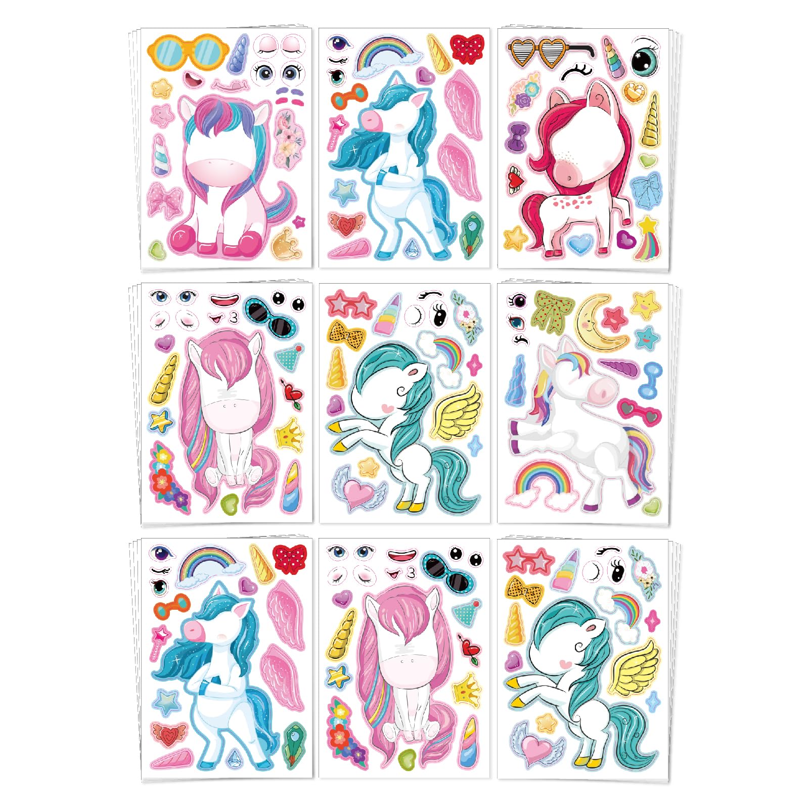 30 Unicorn Make-a-Face Sticker Sheets for Kids