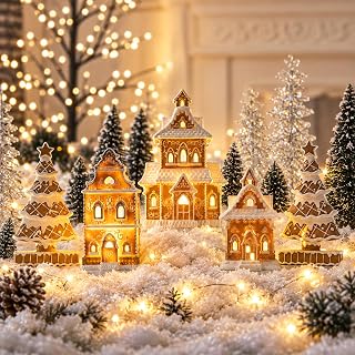 Gingerbread House Christmas Decorations - 5PCS Village Set with Trees | with Detailed Resin Designs for Tabletop Mantel Shelf Christmas Home Decoration