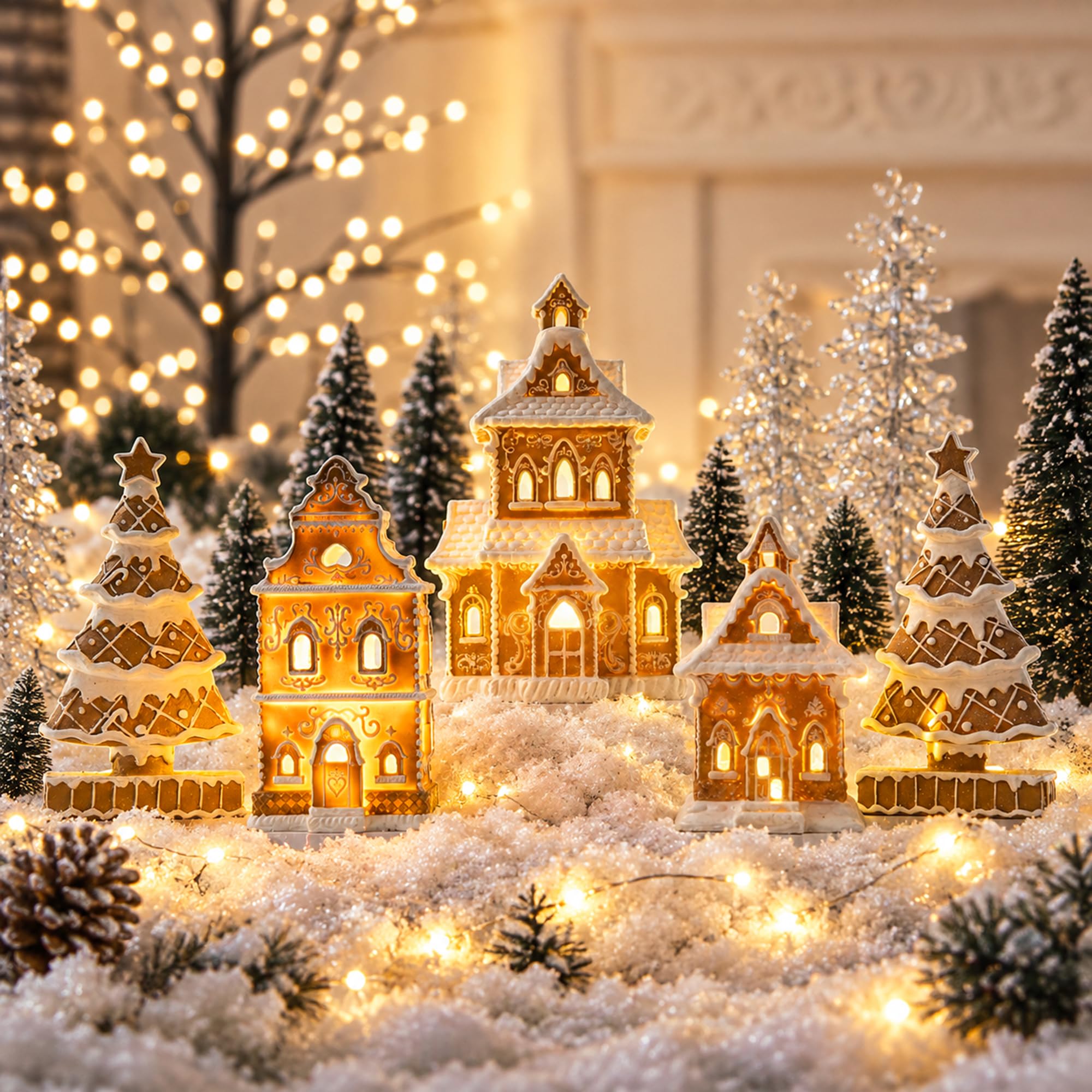 Gingerbread House Christmas Decorations - 5PCS Village Set with Trees | with Det