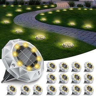 FIFlying 16 Pack Solar Ground Lights Outdoor, IP65 Waterproof Diamond LED Garden Lights - Auto On/Off Pathway Lighting for Driveway, Patio, Lawn & Landscape Decor | 8 Bright LEDs | Warm White