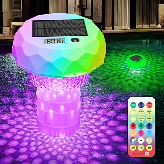 3-in-1 Solar Pool Chlorine Puck Floater with Thermometer, RGB Pool Light | Floating Chlorine Dispenser 3 inch Tablet with Remote, 8 Lighting, Timer, IP68 Waterproof for Inground Above Ground Pool SPA