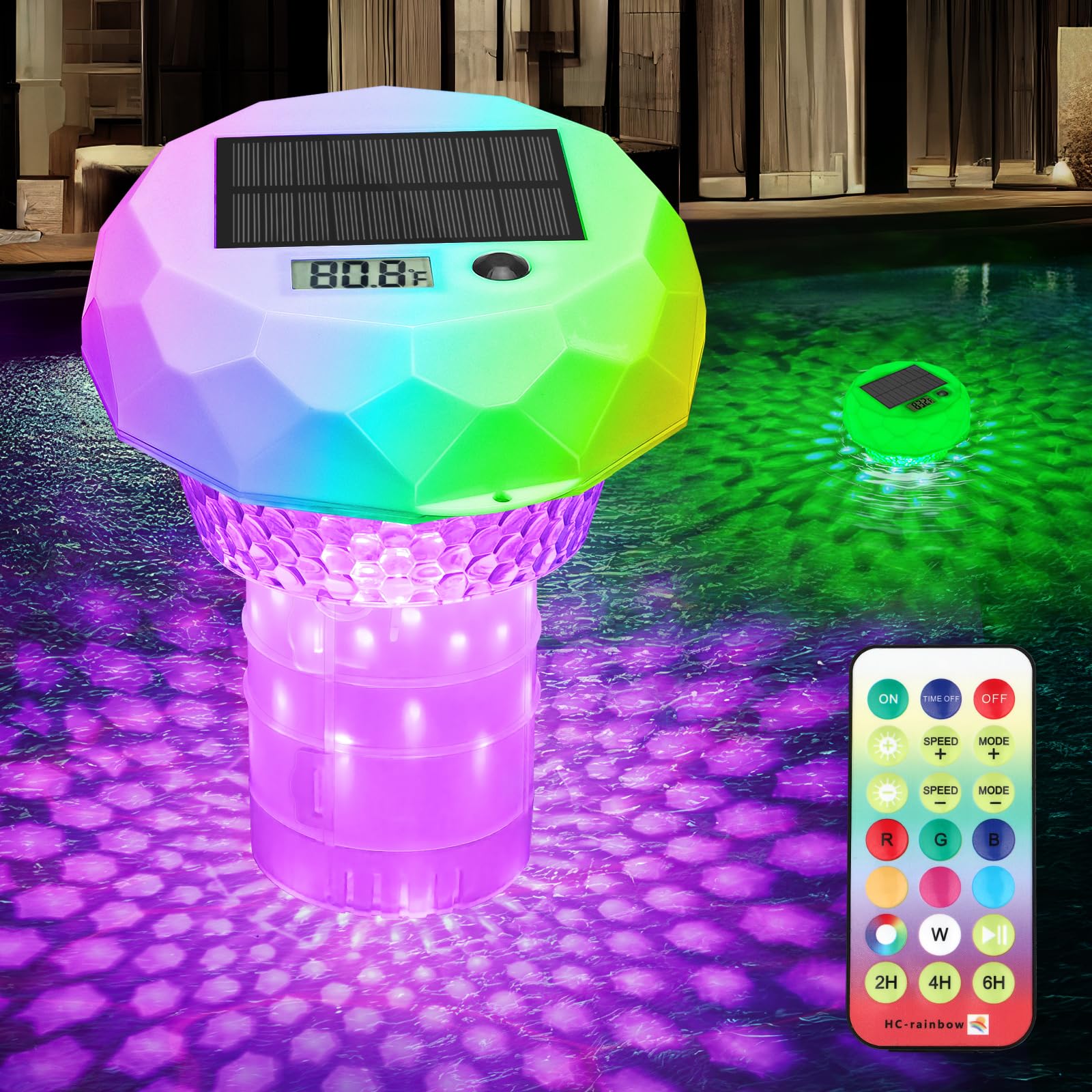 3-in-1 Solar Pool Chlorine Puck Floater with Thermometer, RGB Pool Light | Float