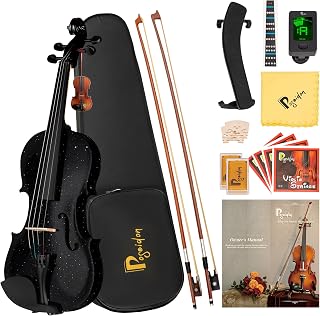 Poseidon 4/4 Violin Set for Beginners, w/ 2 Bows & Accessories,Black | Gloss black starry finish, solid spruce/maple. 2 bows, 2 bridges, 2 rosins + case, extra strings, tuner, cloth.