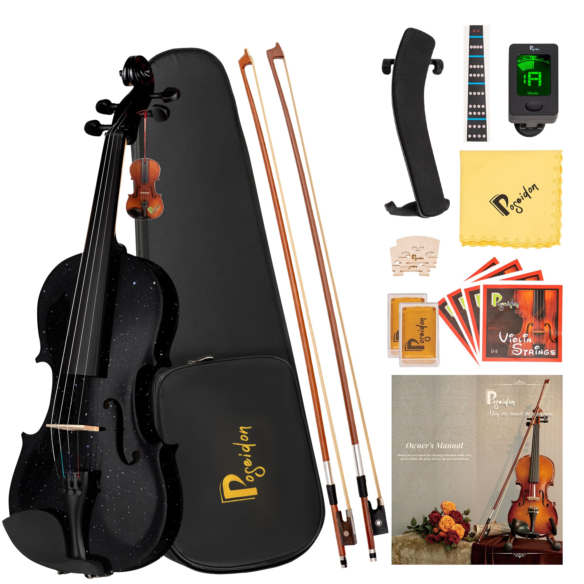 Poseidon 4/4 Violin Set for Beginners, w/ 2 Bows & Accessories,Black | Gloss bla