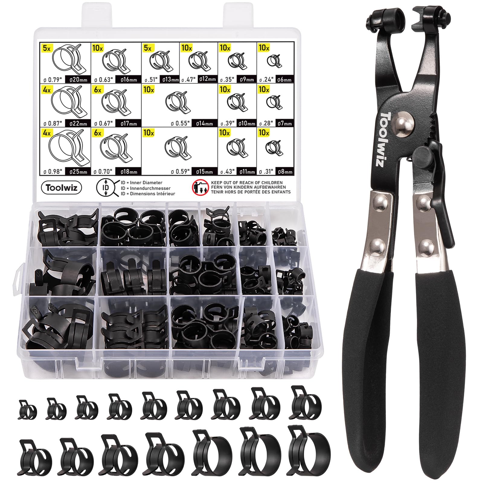 Toolwiz 130Pcs 6-25mm Spring Band Hose Clamps Assortment with Clamp Plier