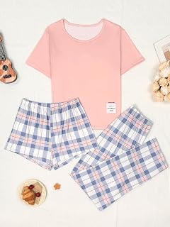 Ladies 3 Piece Pyjama Set Short Sleeve Check Pocket Top and Short Pants