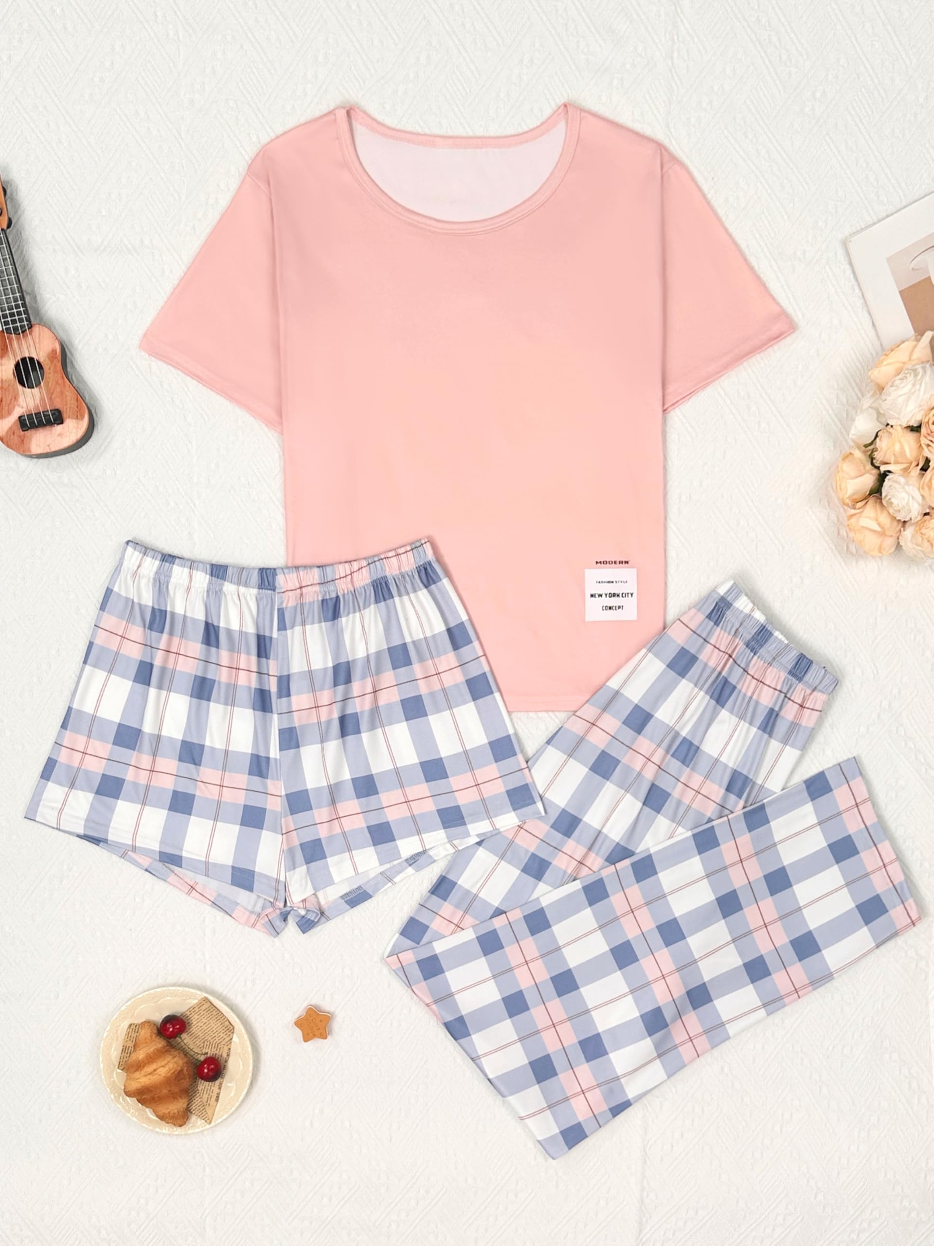 Ladies 3 Piece Pyjama Set Short Sleeve Check Pocket Top and Short Pants