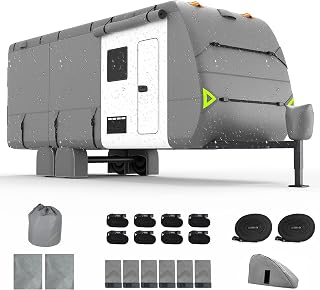Trailer Cover, 30-33 FT Heavy Duty Travel Trailer Cover with 8 Layers Corner, Waterproof Camper Cover with 4 Tire Cover & Tongue Jack Cover