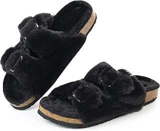 FITORY Womens Open Toe Slippers,Faux Rabbit Fur Cork Slides Sandals