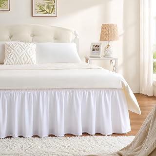 White Bed Skirt Queen Size 18 Inch Drop, Elastic Wrap Around Bedskirt | Solid Ruffled, Easy to Use, No Mattress Lifting, Wrinkle & Fade Resistant, with Adhesive Strips, Machine Wash/Dry/Iron