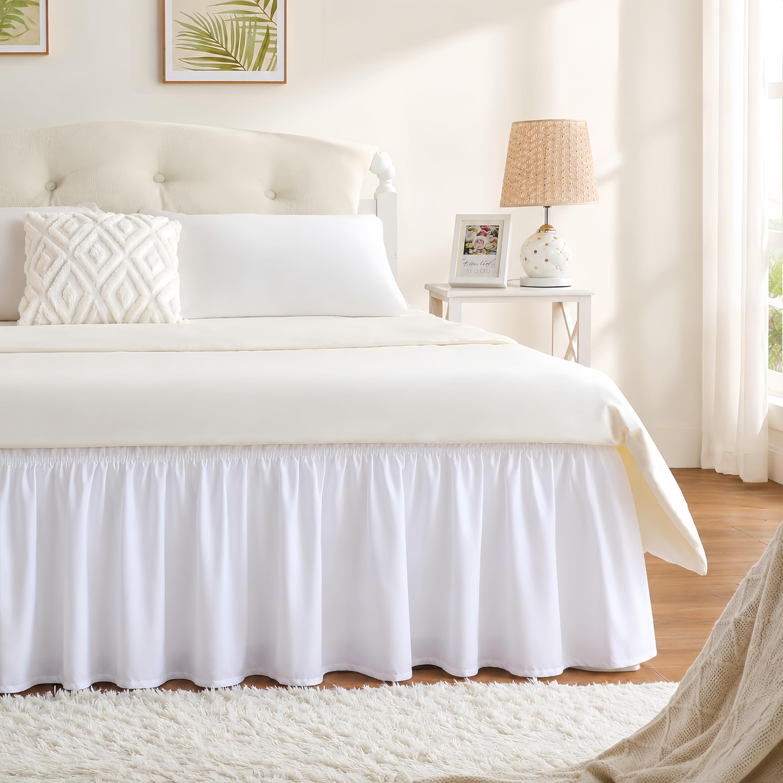 White Bed Skirt Queen Size 18 Inch Drop, Elastic Wrap Around Bedskirt | Solid Ru