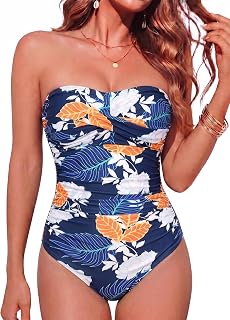 Smismivo Women's One Piece Bustier Swimsuit Tummy Control Removable Adjustable Straps Slimming Headband Slim Elegant Vintage Ruched Effect Padded Swimsuit
