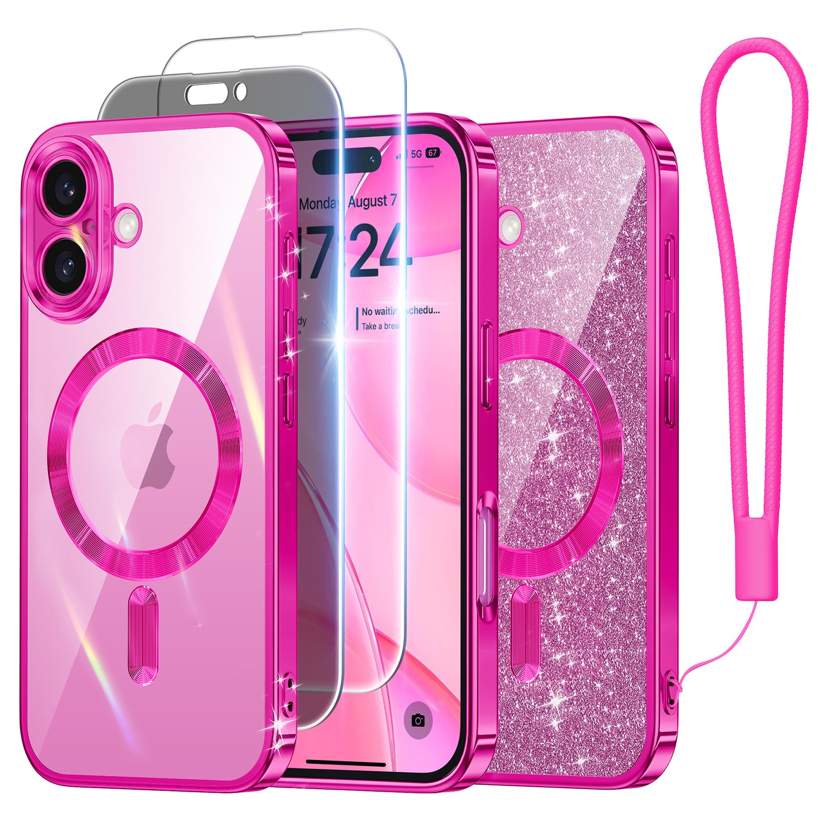 Meifigno for iPhone 16 Plus Case + HD & Privacy Tempered Glass, Hot Pink