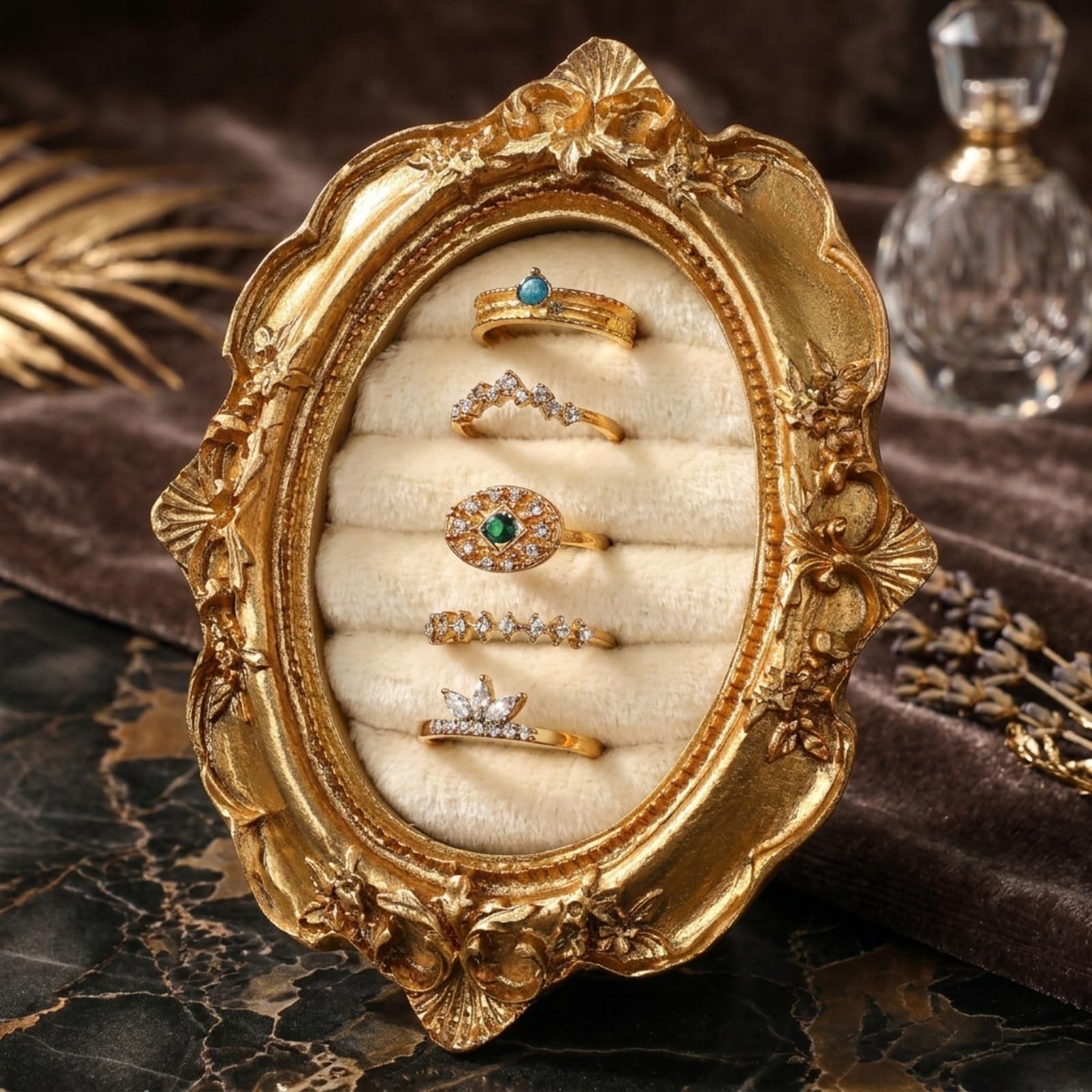 Liliaafar Vintage Ring Holder Oval Gold Ring Wedding Display | Suede Jewelry Fra