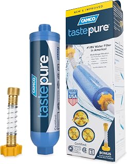Camco Tastepure RV Water Filter - GAC & KDF Filtration - Made in the USA | Advanced RV Inline Water Filter with Flexible Hose Protector - Camping Essentials for Fresh Drinking Water (40043)