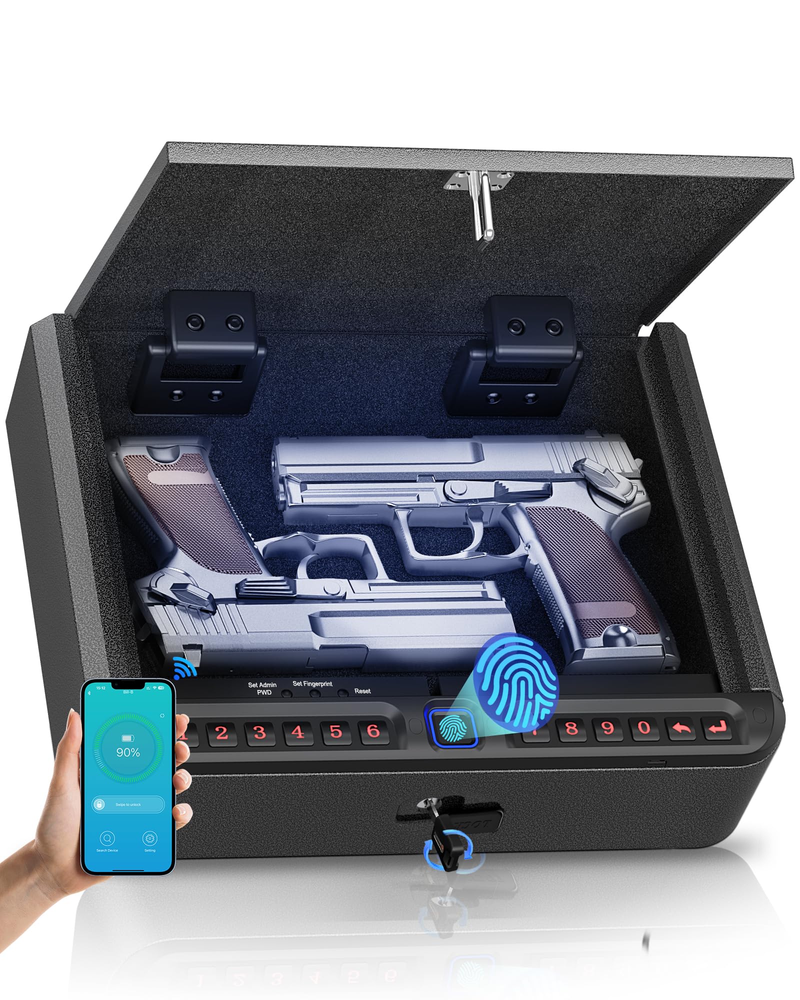 BILLCONCH Gun Safe for Handgun with Fingerprint, App, 0–9 Numeric Keypad | Smart