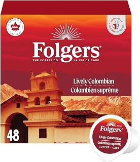 Folgers Lively Colombian One Cup Coffee Pods, 48 Count (Pack of 1) | Single origin Arabica coffee from Colombia with a lively taste and distinctively rich finish for hot or iced drinks