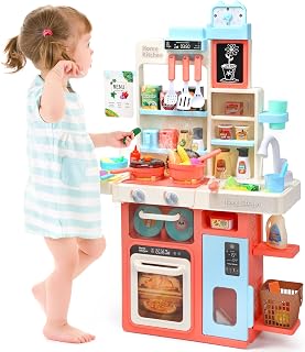 CUTE STONE Pretend Play Kitchen, Water Sink, Stove with Steam&Light&Sound, 63PCS Toy KitchenAccessories with Toy Food, Pots, Utensils, Kids Kitchen Play Set, Ideal Gift for Boys Girls Toddlers(Pink)