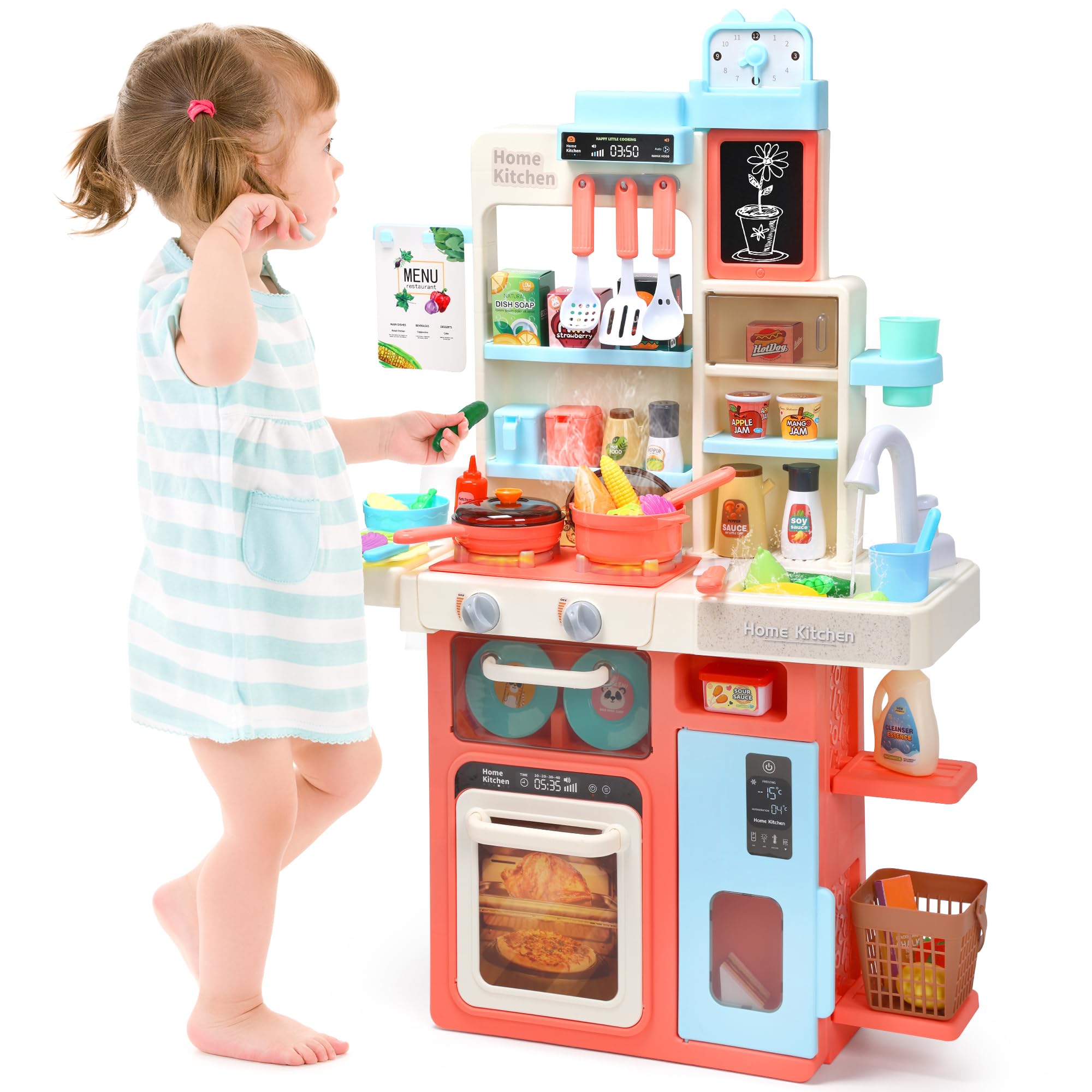CUTE STONE Pretend Play Kitchen, Water Sink, Stove with Steam&Light&Sound, 63PCS