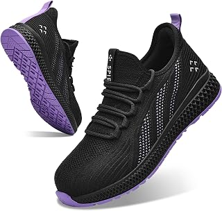 SPIEZ Safety Shoes Women Work Shoes Lightweight Composite Toe Cap Safety Sneakers No Lace Up Non-Slip Work Shoes Black-Purple Size EU 35-41