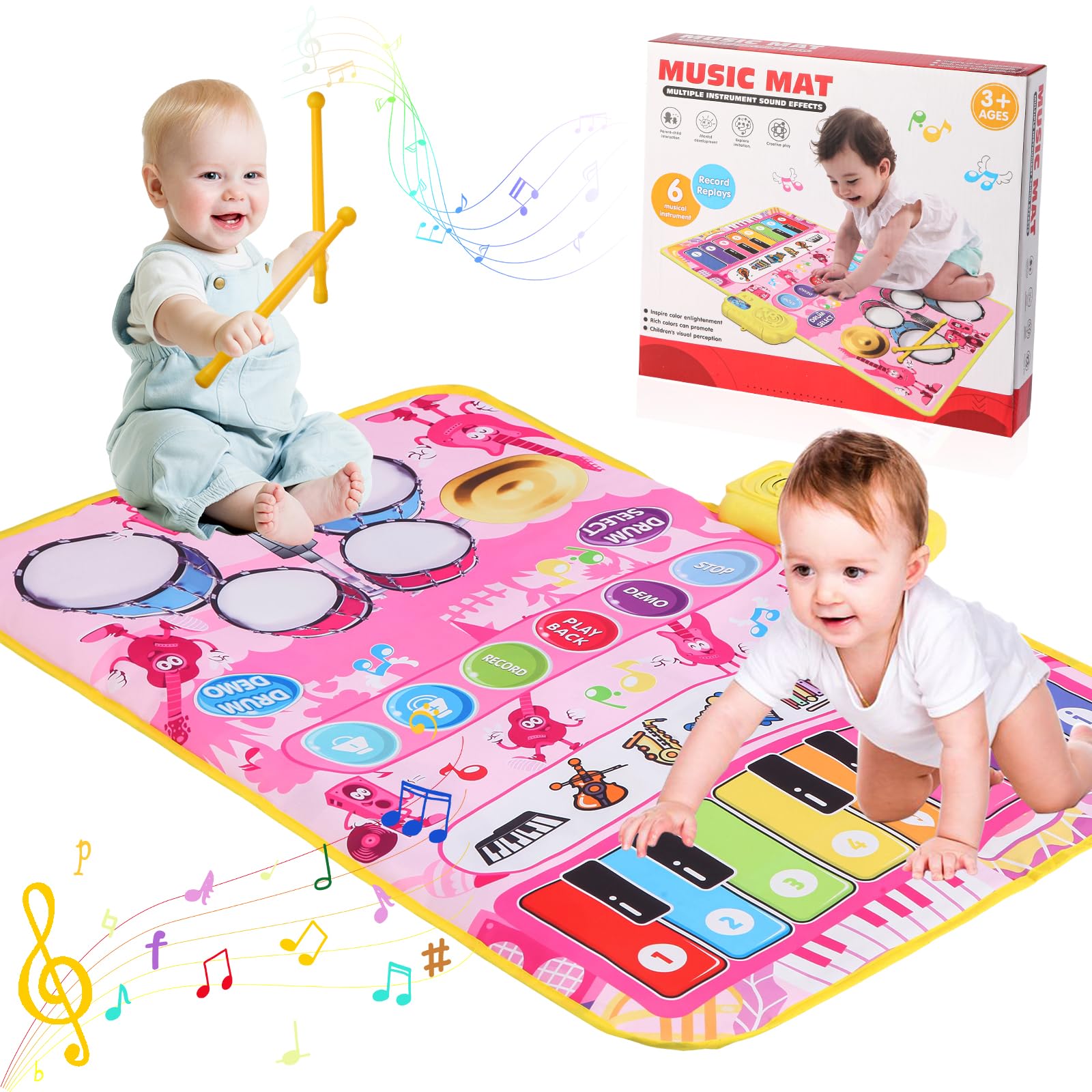 iFunLong Musical Toys Mat for 3 Year Old Girls, 2 in 1 Baby Piano Drum Mat, 3-6 