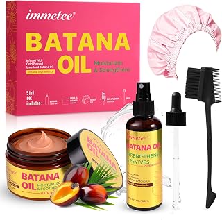 immetee Raw Batana Oil Hair Set - Dry & Frizzy Hair Scalp Treatment, Strengthens & Promotes Hair - Batana Oil 3.38fl oz & Paste 4.23oz, with Comb, Shower Cap, Replacement Nozzle
