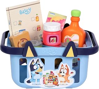 Bluey Shopping Basket, 9 Grocery Accessories, Toddler Pretend Play | Foldable handles sized for little hands, shopping list included; roleplay toy for kids ages 3+