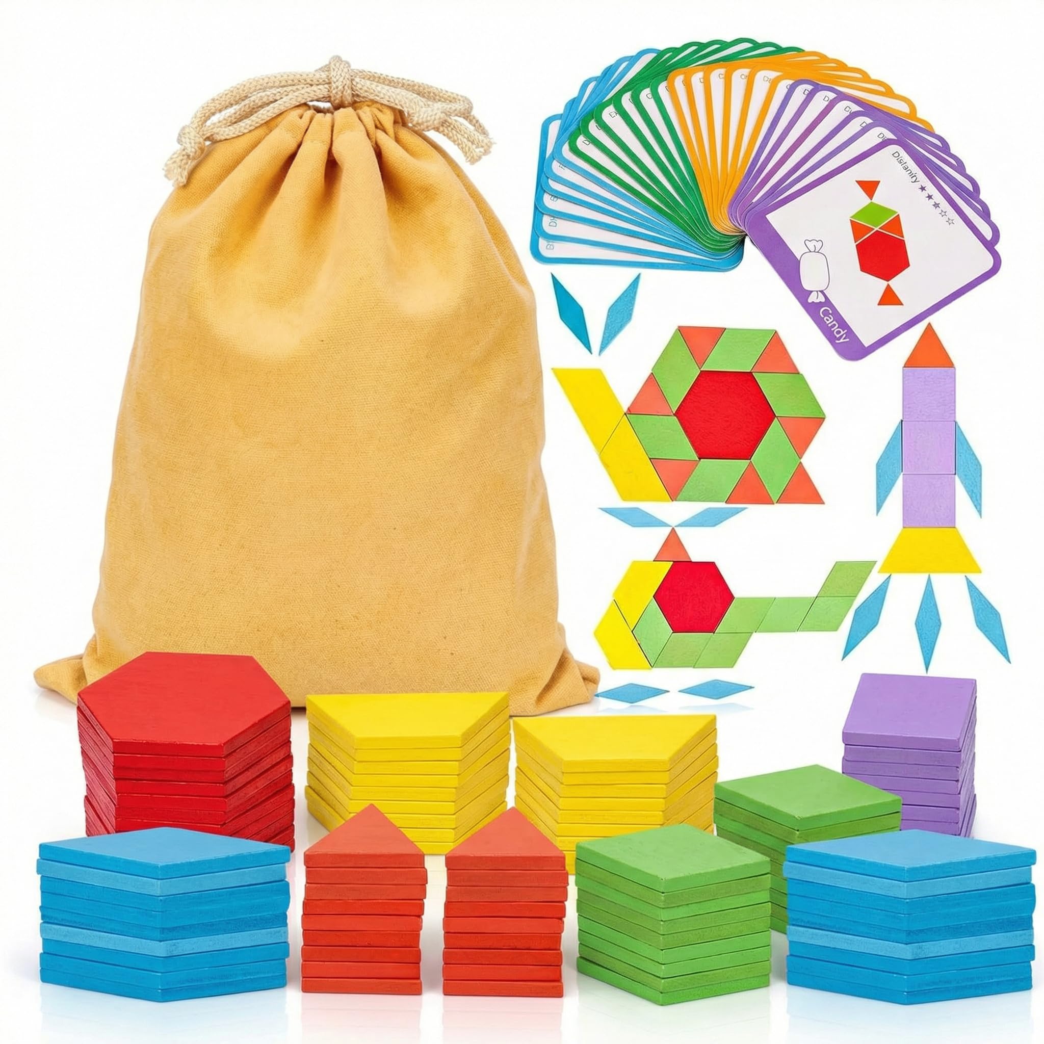 LovesTown 209 PCS Shapes Wooden Pattern Blocks for Kids | Geometric with Activit