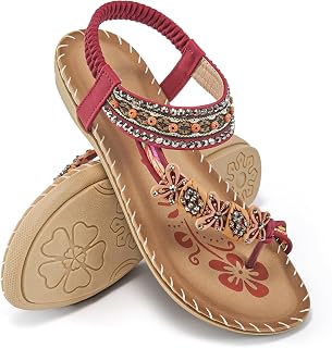 Ablanczoom Flat Sandals for Women Summer: Casual Boho Beaded Toe Ring Dress Shoes - Comfortable Vacation Daily Walking Shoes