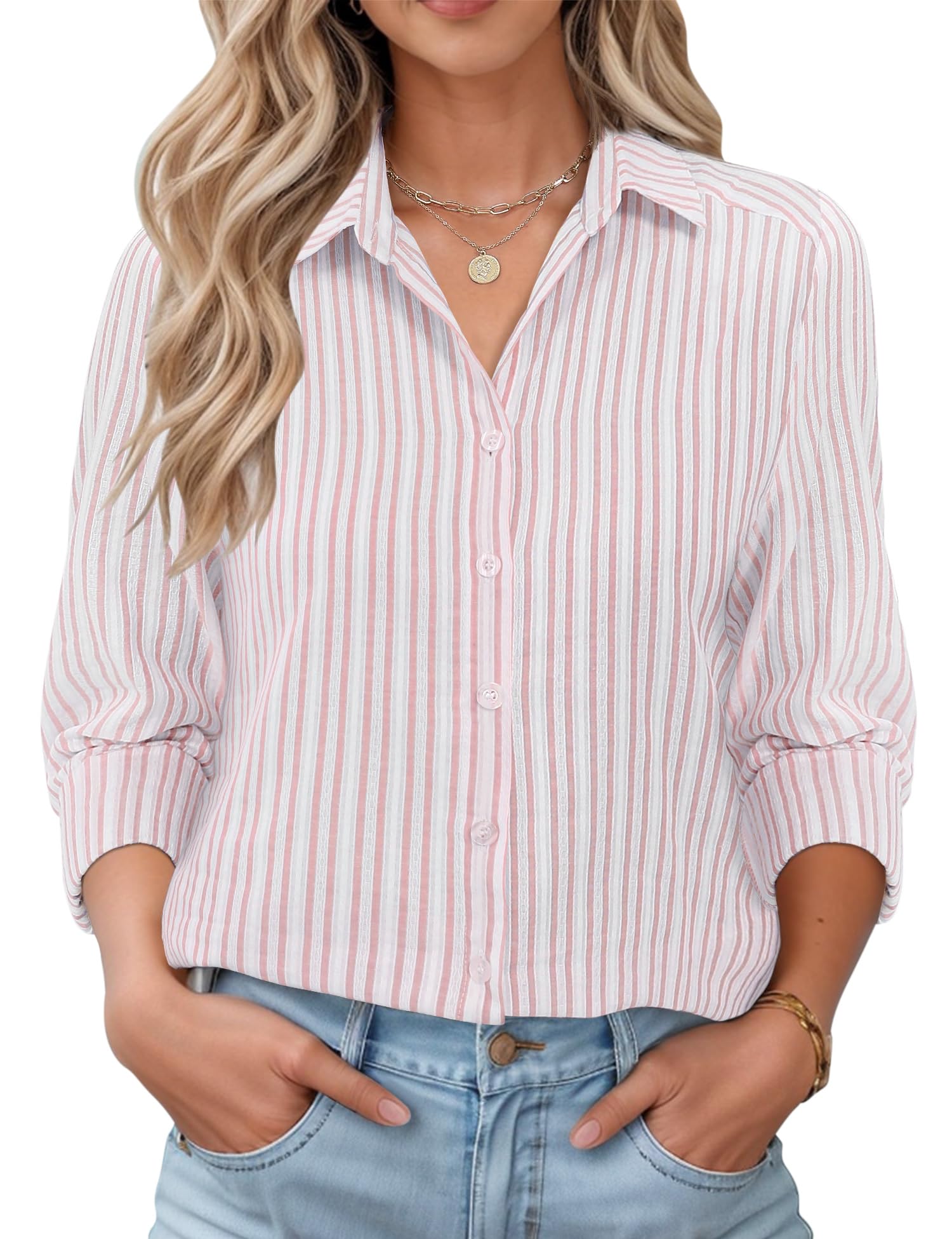 LOMON Womens Long Sleeve Button Down Shirts Casual Loose Fit Cotton Collared Blo
