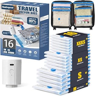 BoxLegend 16 Pack Travel Vacuum Storage Bags with Electric Pump 1 * 27.6x19.7+ 4 * 21.7x17.7+ 5 * 19.7x15.7+ 6 * 15.7x13.8in, Thickened Compression Bags for Clothes Luggage Travel Moving & Closet