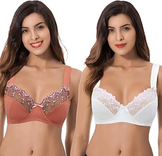 Curve Muse Women's Plus Size Minimiser Underwired Bra with Lace Embroidery - Pack of 2