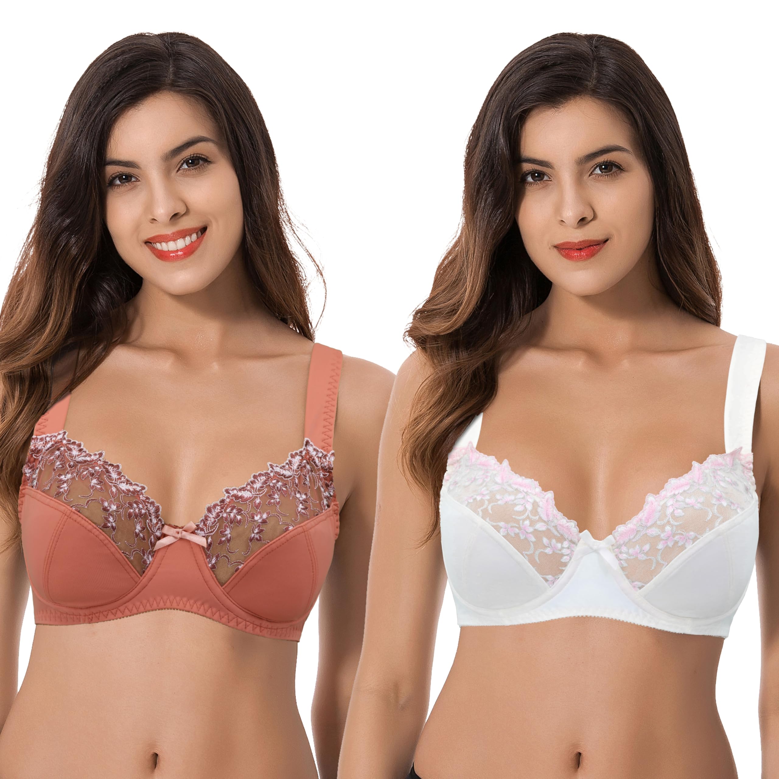 Curve Muse Women's Plus Size Minimiser Underwired Bra with Lace Embroidery - Pac