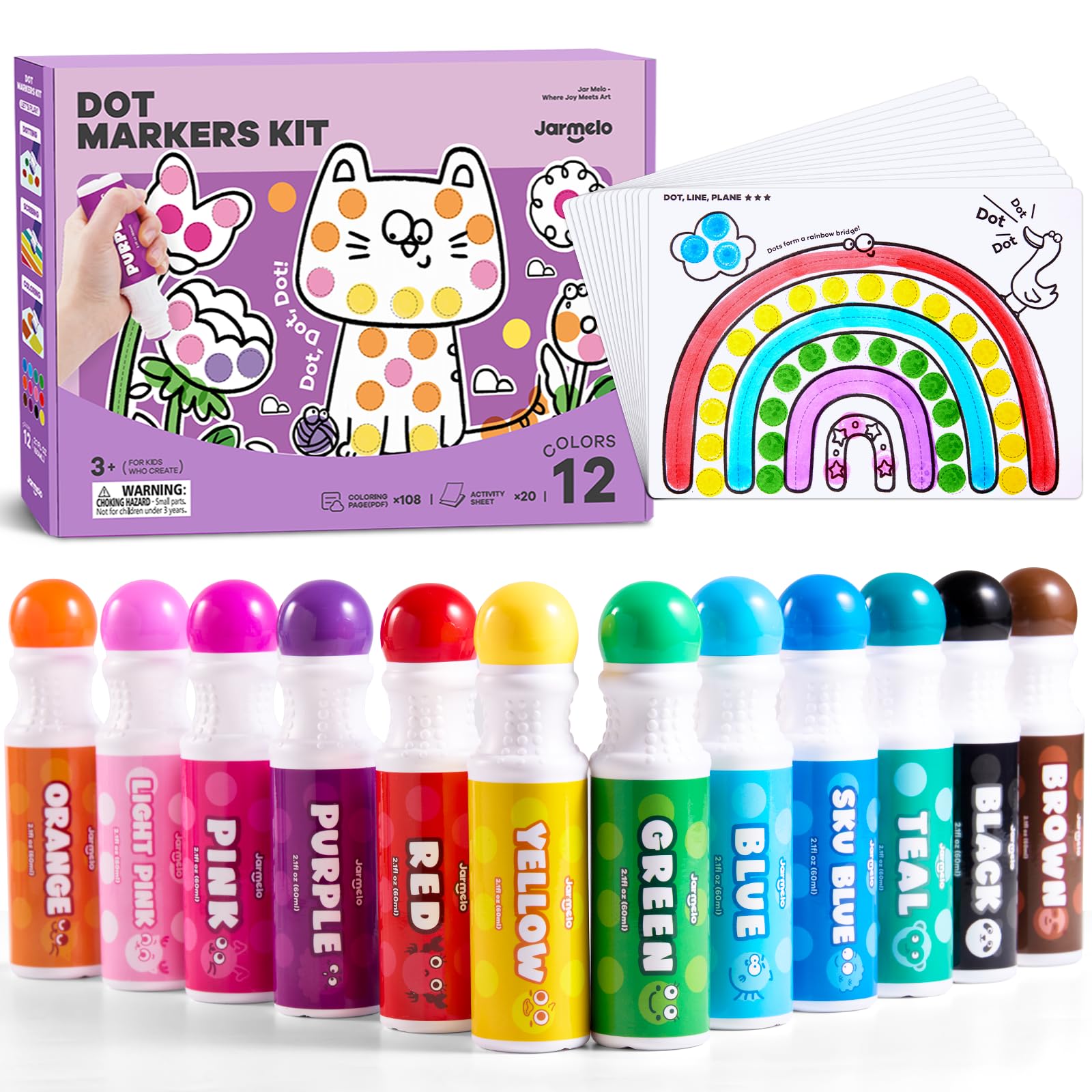 Jar Melo Washable Dot Markers for Toddlers, 12 Colors Bingo Dabber Pens with 120