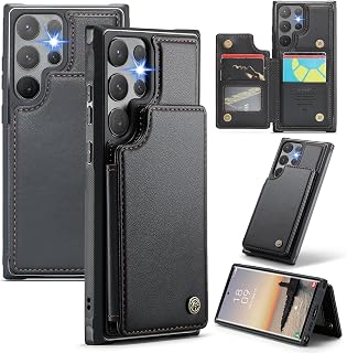 for Samsung Galaxy S23 Ultra Case with Multiple Card Holder and 1 Photo Slot Magnetic Wallet Buckle RFID Blocking Durable Leather Bracket Shockproof S23 Ultra Case for Galaxy Black