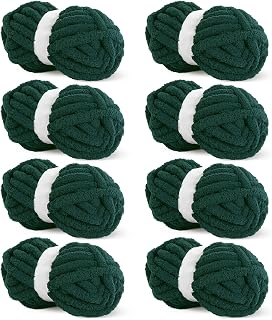 Hombys Dark Green Chunky Chenille Yarn for Crocheting and Knitting, Super Bulky Thick Fluffy Yarn for Hand Knitting Blanket, Soft Plush Yarn, 8 Jumbo Pack (27 yds, 8 oz Each Skein)
