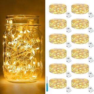 btfarm 12 Pack 3 Modes Fairy Lights Battery Operated, 2M 20LED String Light | Waterproof Twinkle Light Battery Powered, Small Silver Wire for Indoor Jars Bedroom Wedding Christmas Decorations, Warm White