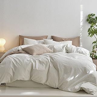 MooMee Stripe Duvet Cover Set 100% Washed Cotton Linen Like Textured Breathable Durable Soft Comfy (White Sage Green Stripe, Full)