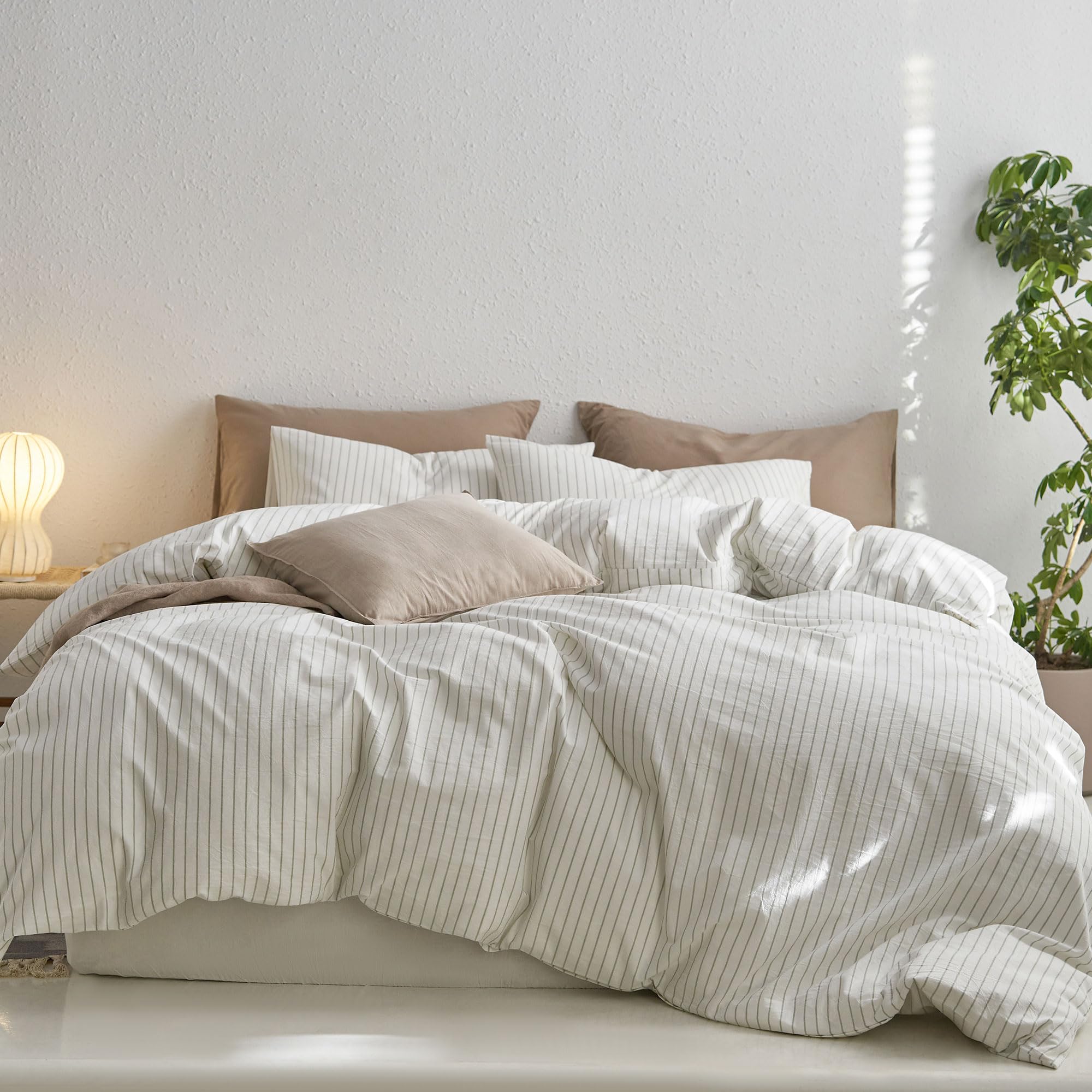 MooMee Stripe Duvet Cover Set 100% Washed Cotton Linen Like Textured Breathable 