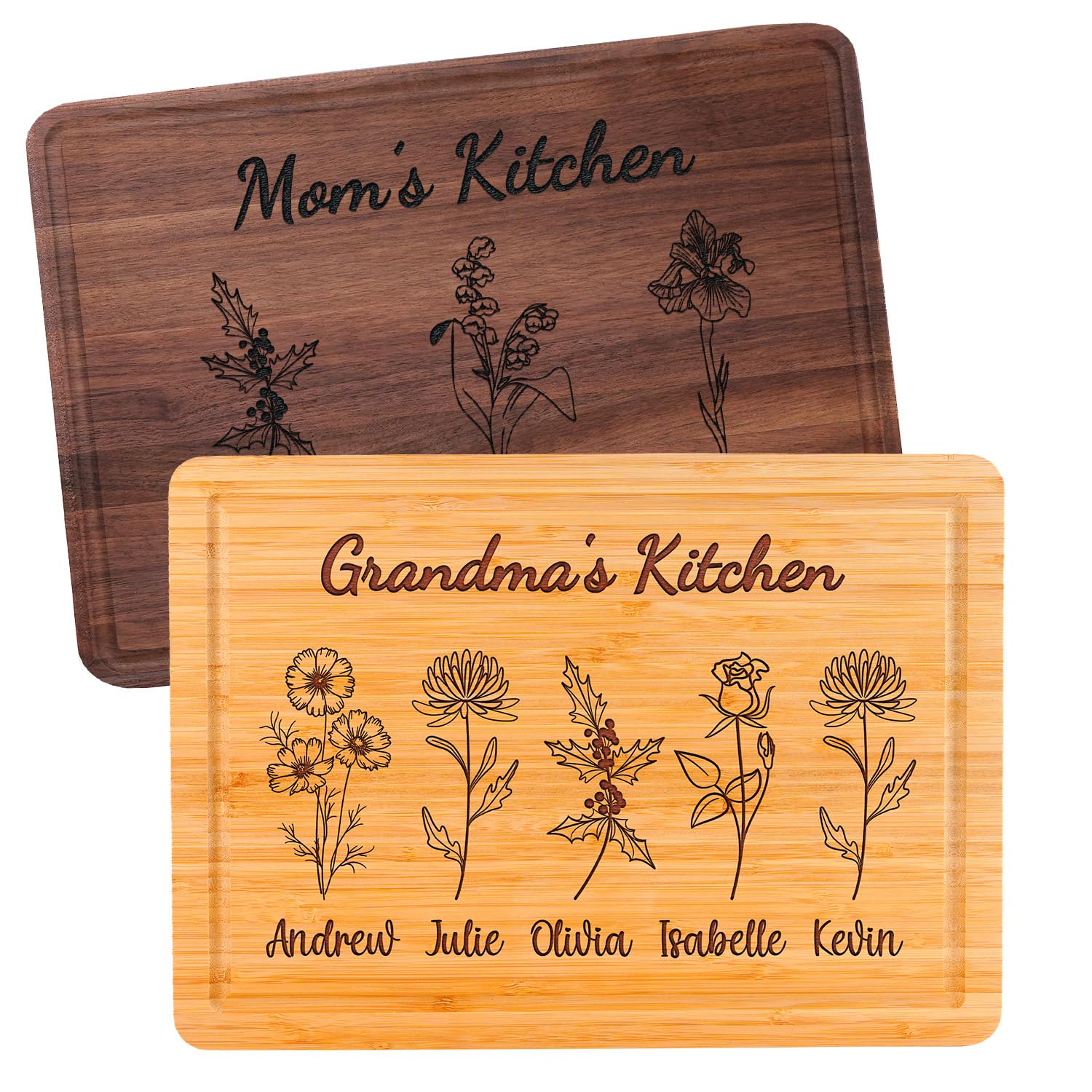 Personalized Cutting Boards, Gifts for Mom - Grandma, Birth Flower Grandma's Gar