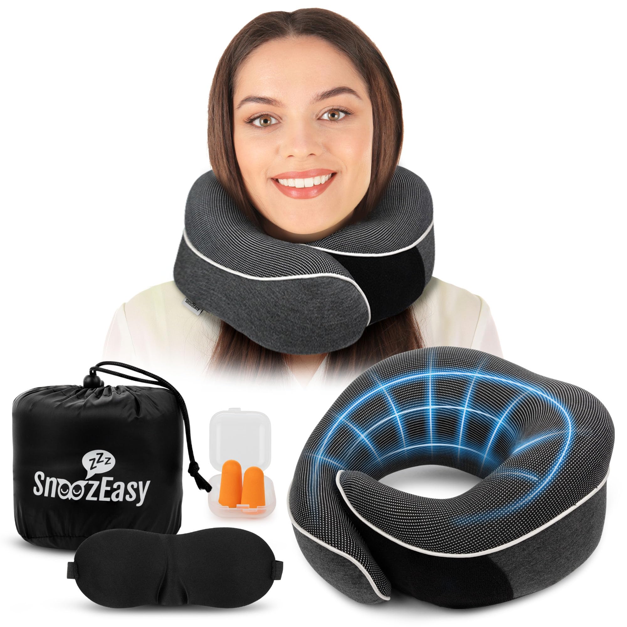 SnoozEasy™ Travel Pillow for Adults | Memory Foam 360 Degree Neck Support with R