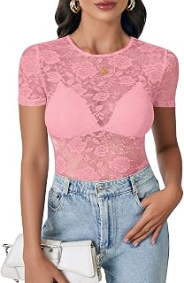 LYANER Women's Floral Lace Sexy Y2k Tee Tops