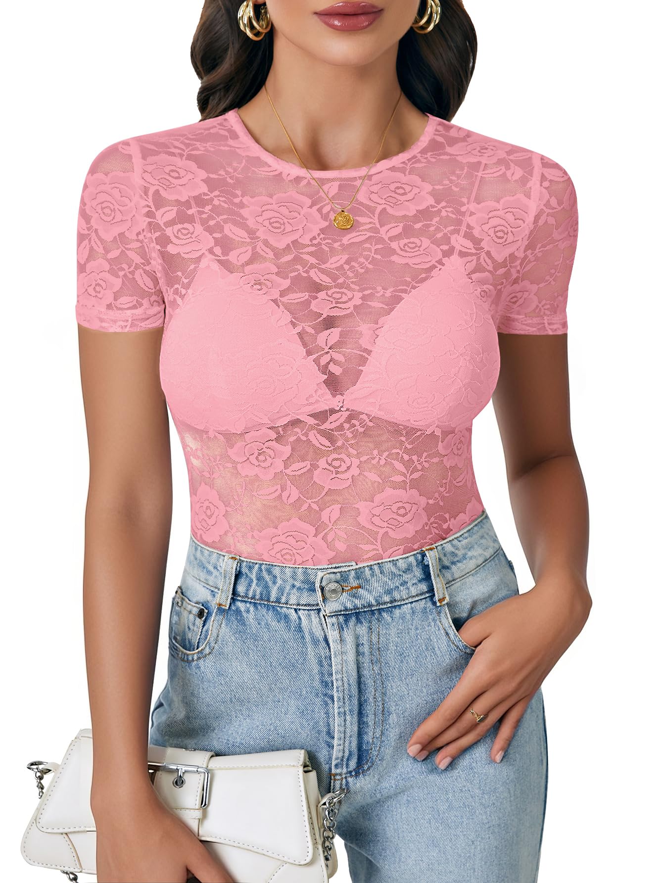 LYANER Women's Floral Lace Sexy Y2k Tee Tops