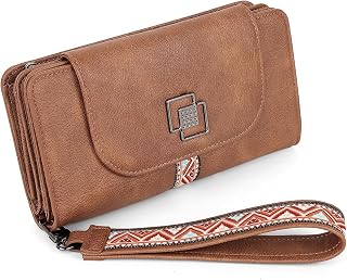 FADEON Leather Wallets for Women, Large RFID Blocking Trifold Wristlet Purse with Credit Card Holder Organizer