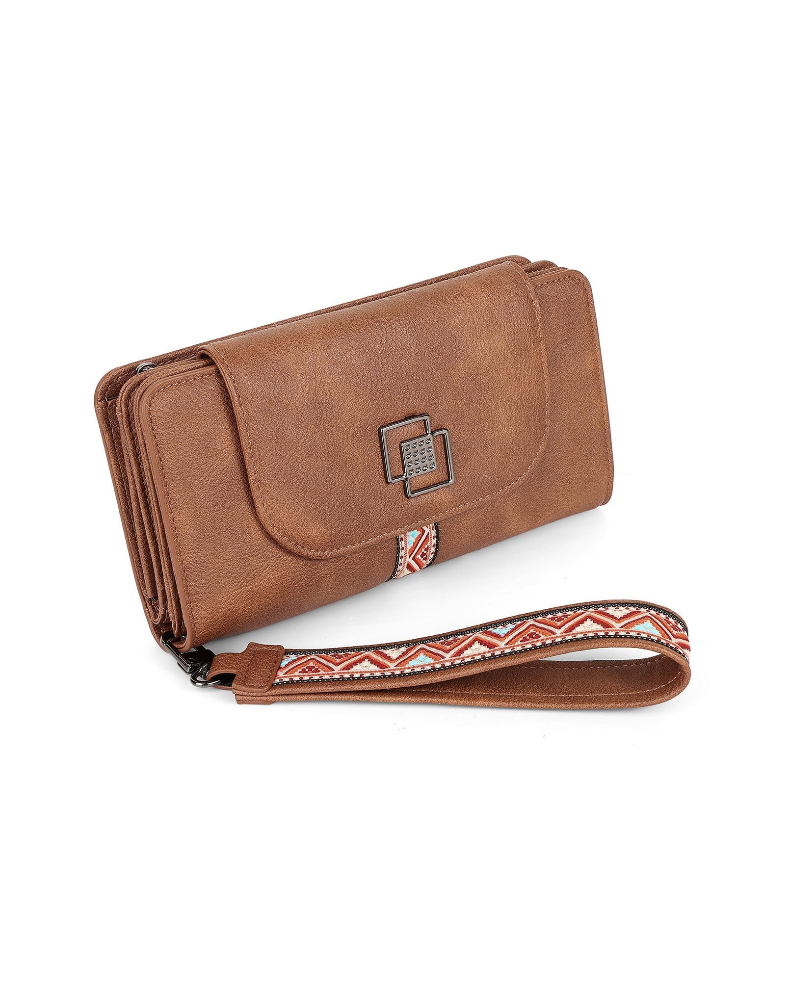 FADEON Leather Wallets for Women, Large RFID Blocking Trifold Wristlet Purse wit