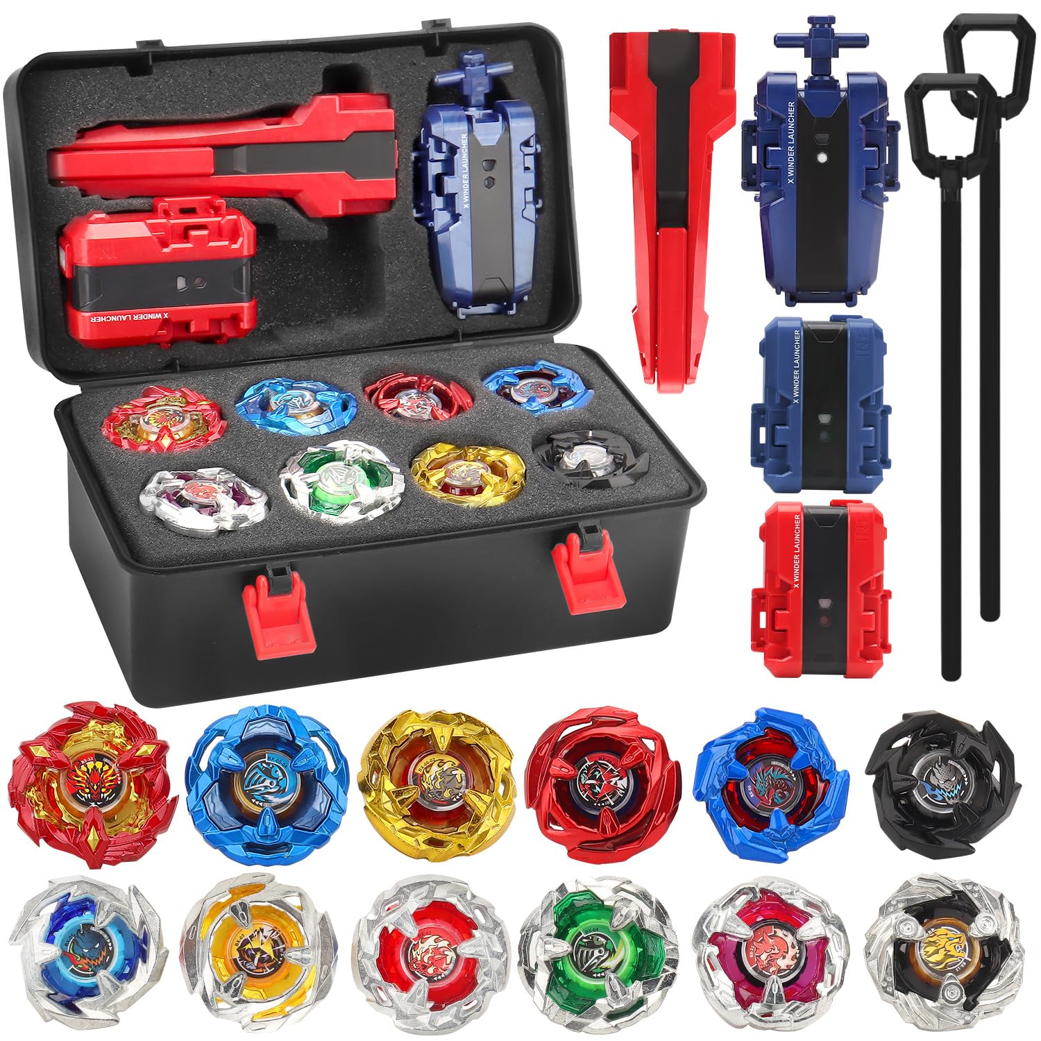 X Battling Top Gyro Toy Set, 12 Spinning Tops, 3 Launchers with Storage Box | Tu
