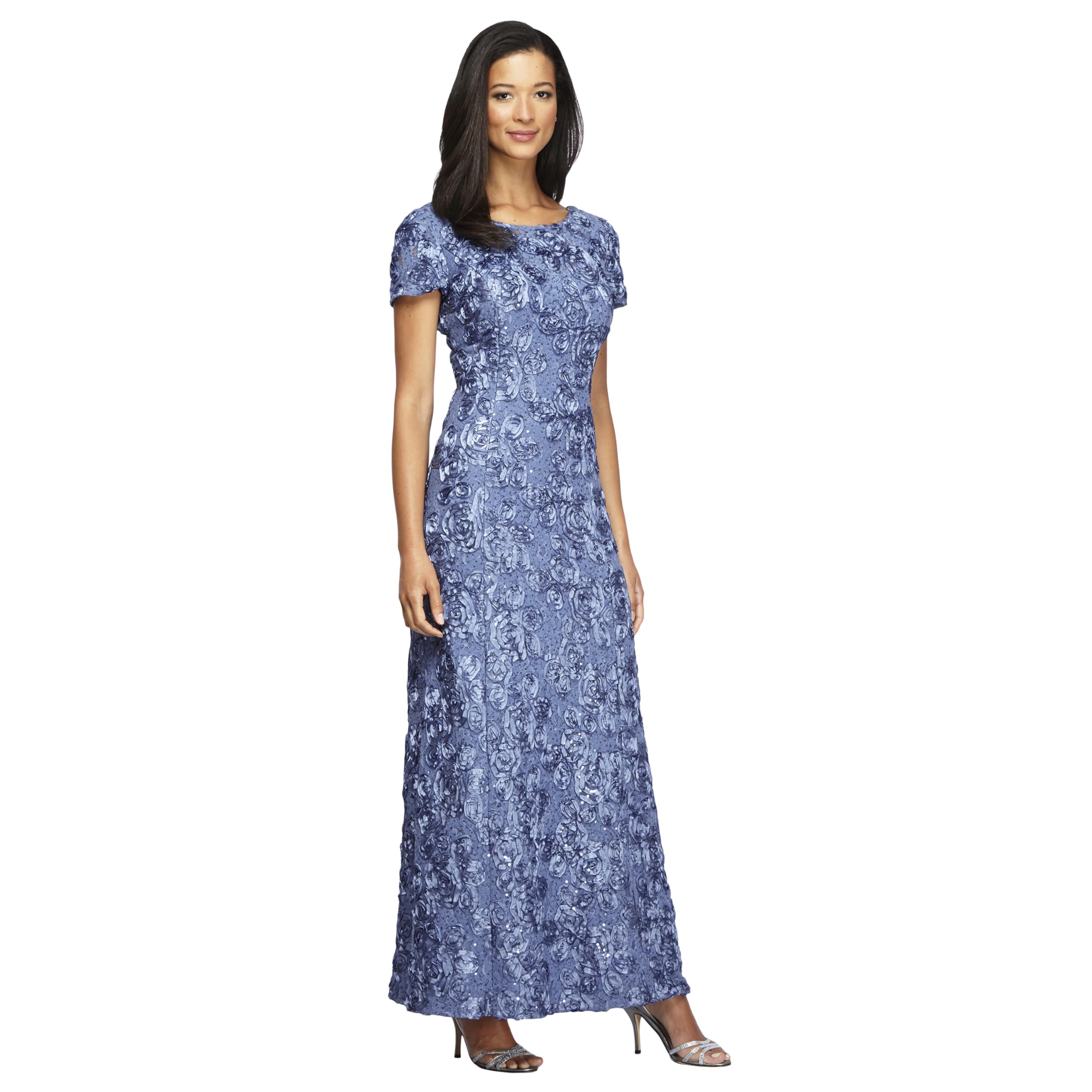 Alex Evenings Women's Long Rosette Mother of The Bride Dress with Short Sleeves