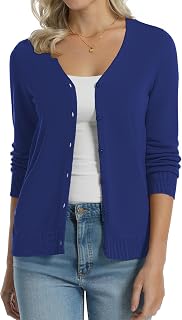 QUALFORT Women's Cardigan 100% Cotton Lightweight Long Sleeve Knitted Button Down Sweater